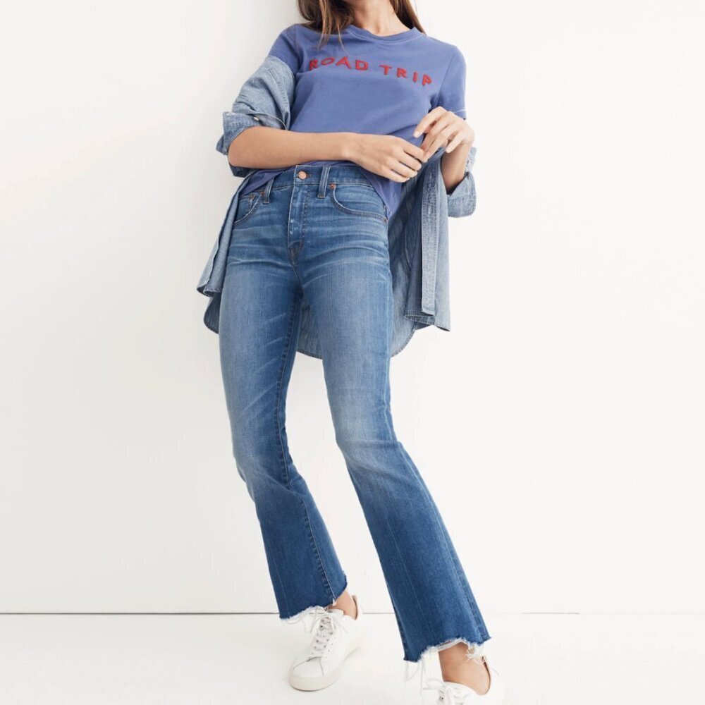 Madewell Cali Demi-Bootcut Cropped Destructed Hem Mid Rise Haywood Blue Jeans 28